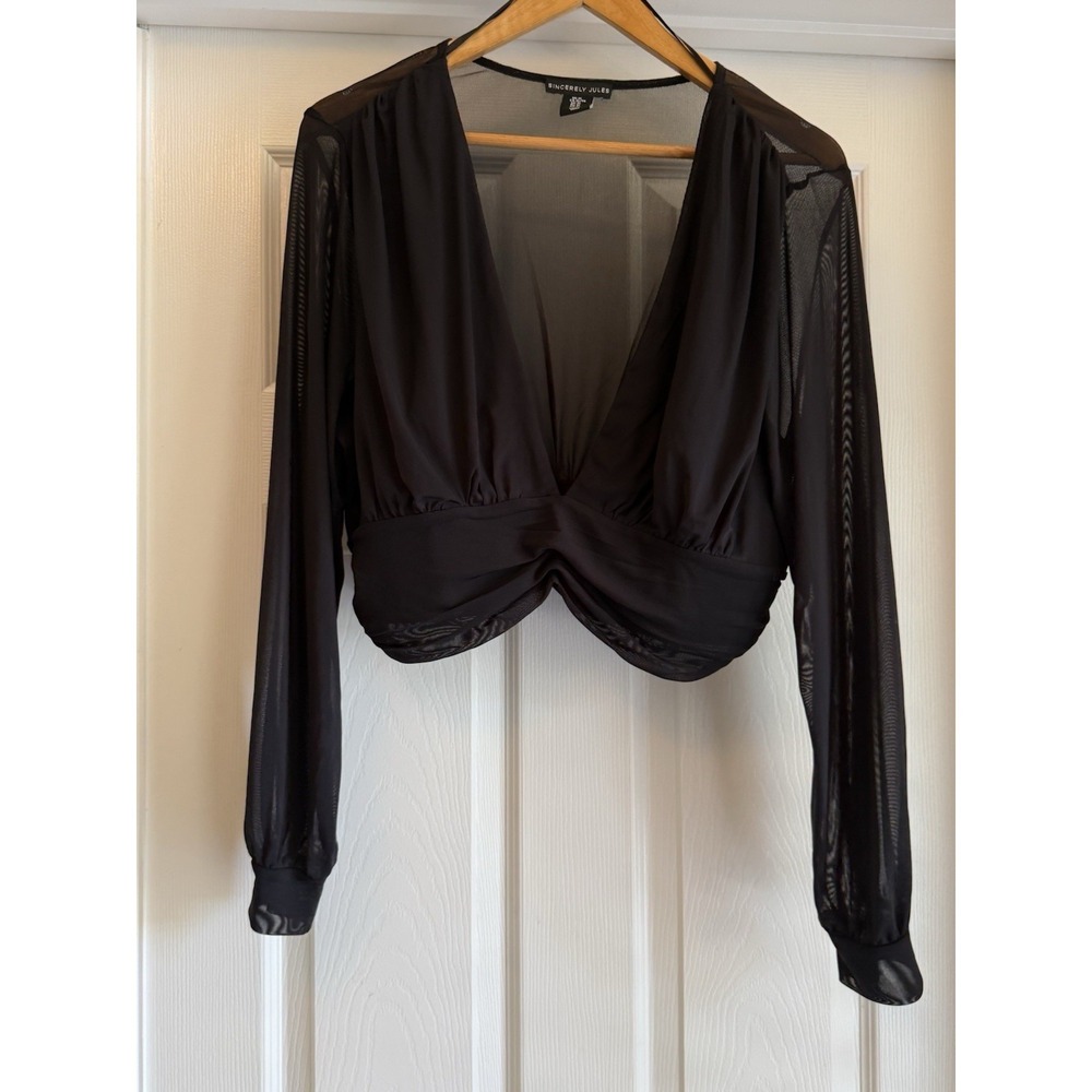 Sincerely Jules Crop Top Womens XL Black Sheer Mesh Long Sleeve Deep V-Neck Knot